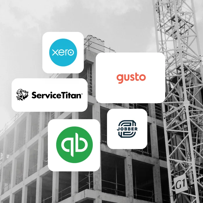 Xero, Gusto, ServiceTitan, QuickBooks and Jobber logos over a construction site